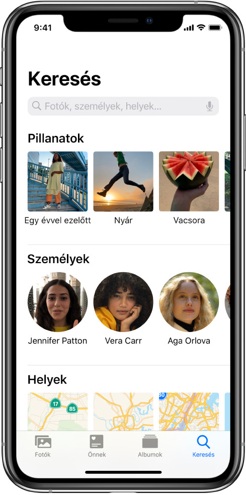 A Keresés lap a pillanatokra, a személyekre és a helyekre vonatkozó javaslatokkal. A keresőmező a képernyő tetején látható.