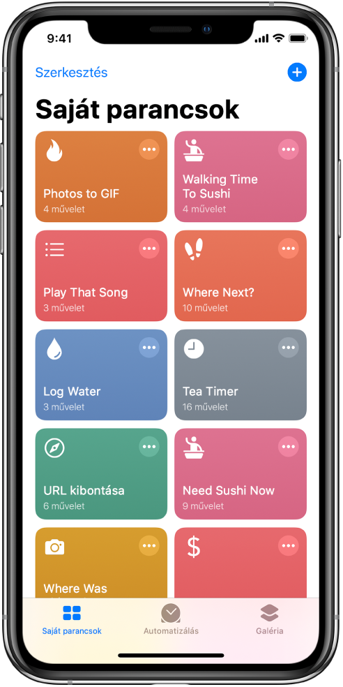 A Saját parancsok lap. A mindennapi feladatok elvégzéséhez, például a teafőzési időzítő beállításához vagy a szusiétterem kereséséhez szükséges parancsok listája. Legalól az Automatizálás és a Galéria lap található.