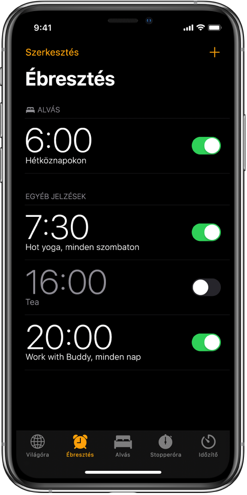 Az Ébresztés lap négy olyan ébresztéssel, amelyek különböző időpontokra vannak beállítva.