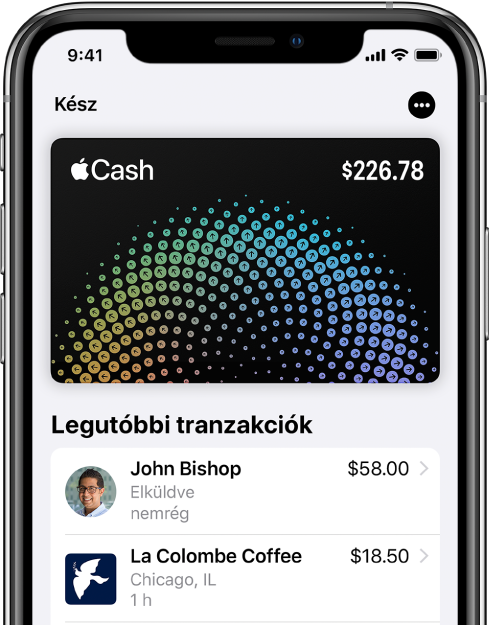 Az Apple Cash-kártya a Walletban, ahol a jobb felső részen a Továbbiak gomb jelenik meg, a kártya alatt pedig a legutóbbi tranzakciók láthatók.