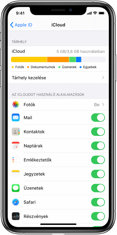 Az iCloud-beállítások képernyője, amelyen az iCloud-tárhely foglaltságmérője, valamint az iClouddal használható alkalmazások és szolgáltatások listája látható (pl. a Mail, a Kontaktok és az Üzenetek).