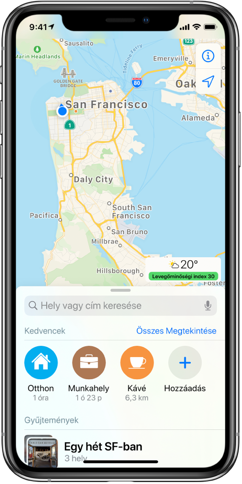 A San Francisco-öböl környékének térképe két kedvenccel, amelyek a keresőmező alatt láthatók. A két kedvenc hely az Otthon és a Munkahely.