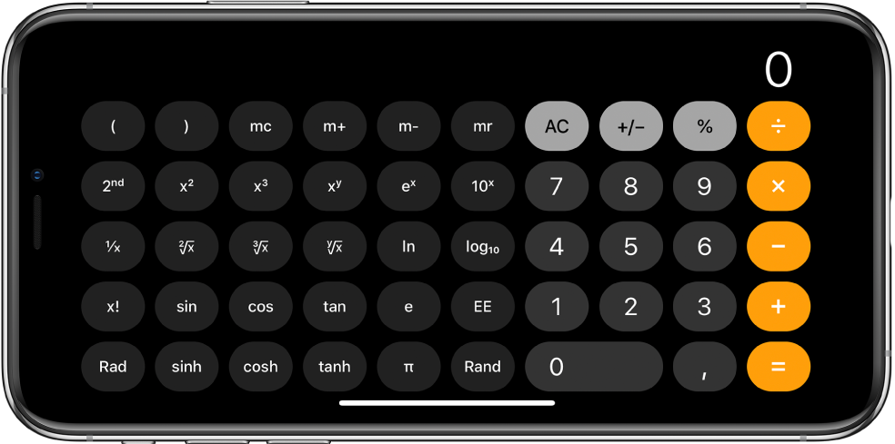 iPhone dalam orientasi lanskap menampilkan kalkulator ilmiah untuk fungsi eksponen, logaritma, dan trigonometri.