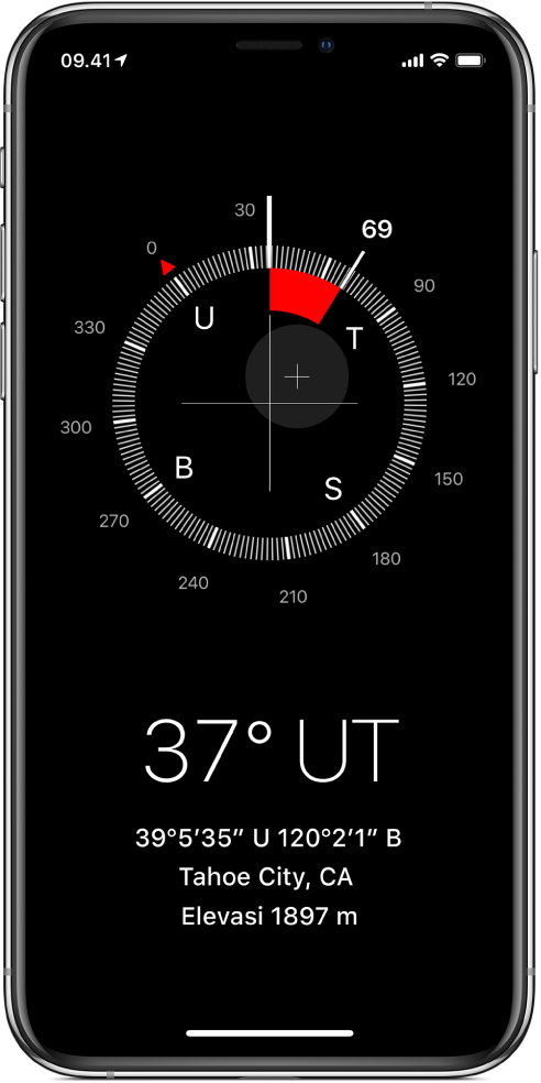 Layar Kompas menampilkan arah iPhone Anda menghadap, lokasi Anda saat ini, dan elevasi.