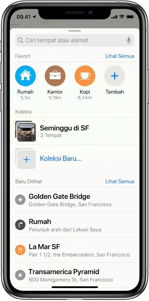 Kartu pencarian mengisi layar. Bagian untuk Koleksi muncul di bawah bidang pencarian dan baris Favorit. Di daftar Koleksi terdapat koleksi bernama “Seminggu di SF”, dan pilihan untuk membuat koleksi baru.