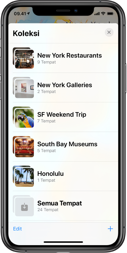 Daftar koleksi di app Peta. Koleksi dari atas ke bawah adalah Restoran New York, Galeri New York, Perjalanan Akhir Pekan SF, Museum South Bay, Honolulu, dan Semua Tempat. Di kiri bawah terdapat tombol Edit, dan di kanan bawah terdapat tombol Tambah.