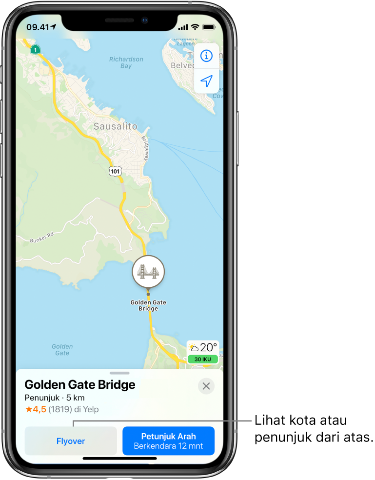 Peta San Francisco. Di bagian bawah layar, kartu informasi untuk Golden Gate Bridge menampilkan tombol Flyover di sebelah kiri tombol Petunjuk Arah.
