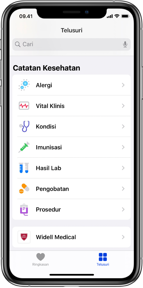 Layar Catatan Kesehatan di app Kesehatan. Layar mencantumkan kategori yang meliputi Alergi, Vital Klinis, dan Kondisi. Di bawah daftar kategori terdapat tombol untuk Widell Medical. Di bagian bawah layar, tombol Telusuri dipilih.