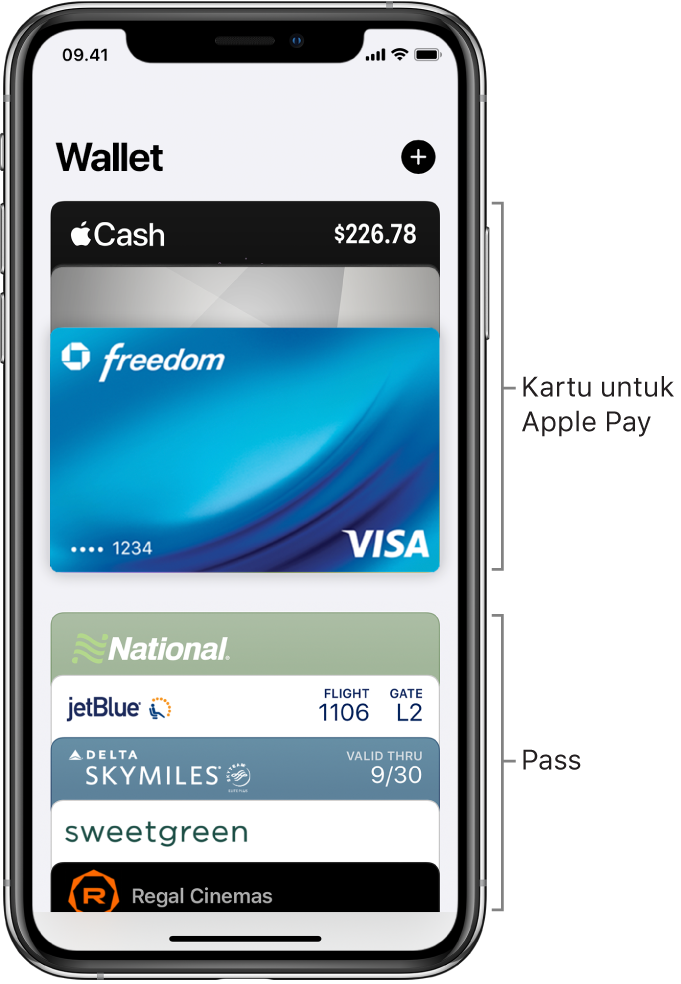 Layar Wallet, menampilkan beberapa kartu kredit dan debit, serta pass.