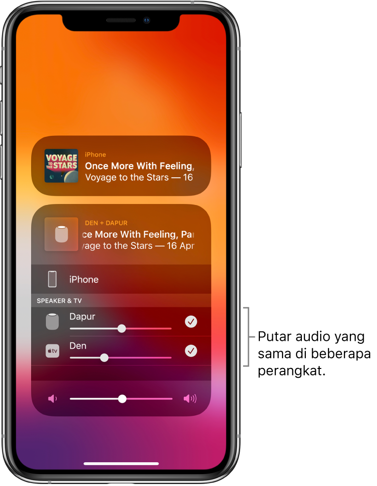 Layar iPhone menampilkan HomePod dan Apple TV sebagai tujuan audio yang dipilih.