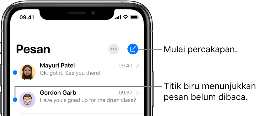 Daftar Pesan dengan tombol Edit ada di kiri atas dan tombol Tulis ada di kanan atas. Titik biru di sebelah kiri pesan menunjukkan pesan belum dibaca.