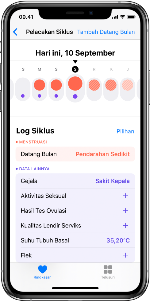 Layar Pelacakan Siklus menampilkan garis waktu untuk seminggu di bagian atas layar. Lingkaran merah solid menandai tiga hari pertama, dan dua hari terakhir berwarna biru muda. Di bawah garis waktu terdapat pilihan untuk menambahkan informasi mengenai haid, gejala, dan lainnya.