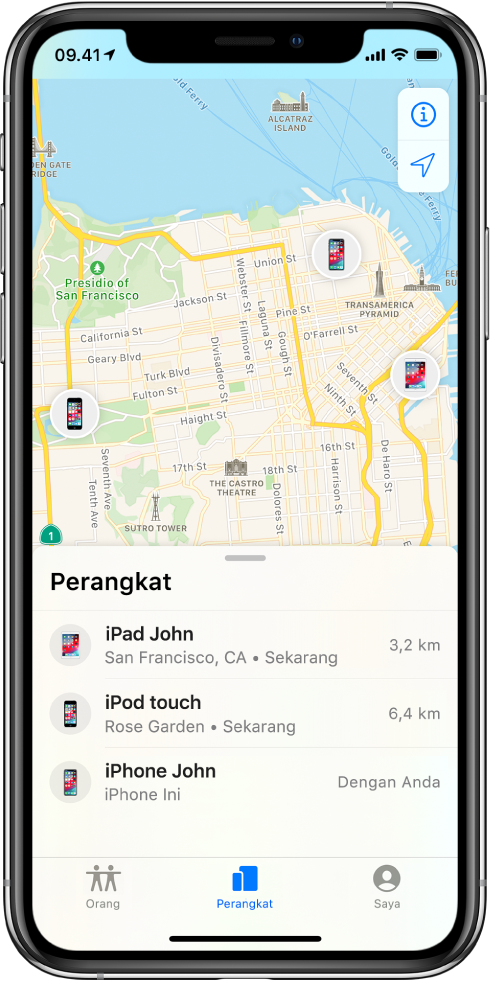 Terdapat tiga perangkat di daftar Perangkat: iPad John, iPod touch John, dan iPhone John. Lokasinya ditampilkan di peta dari San Francisco.