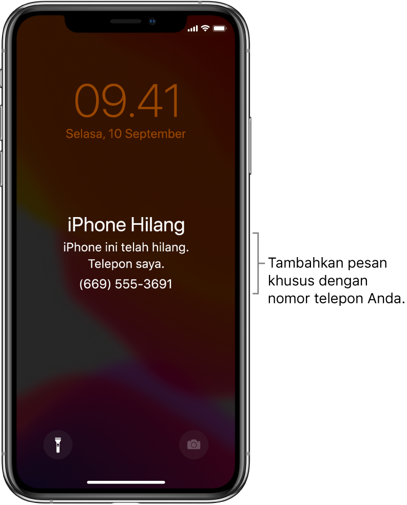 Layar Terkunci iPhone dengan pesan: “iPhone Hilang. iPhone ini telah hilang. Hubungi saya. (669) 555-3691.” Anda dapat menambahkan pesan khusus dengan nomor telepon Anda.