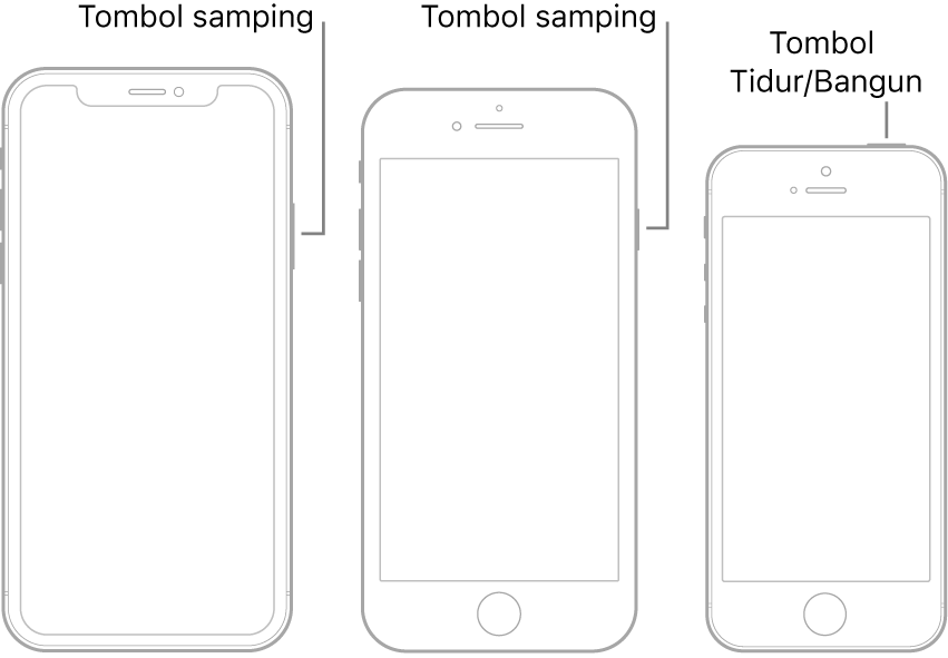 Ilustrasi menampilkan lokasi tombol samping dan Tidur/Bangun di iPhone.