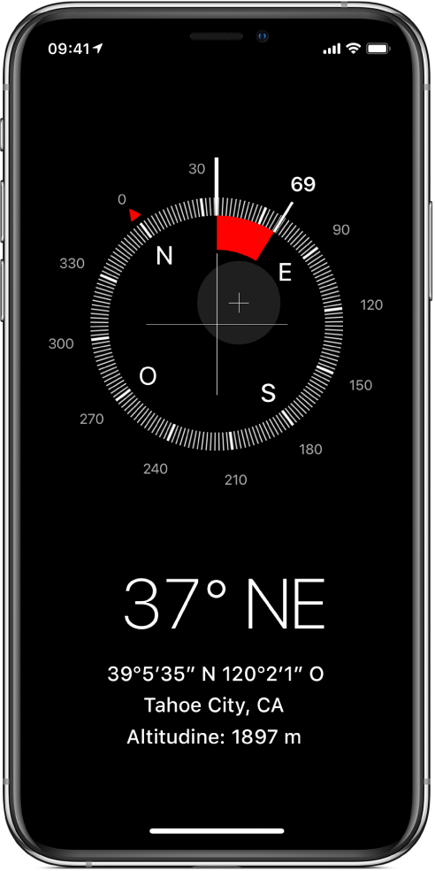 La schermata dell'app Bussola ti mostra la direzione verso cui è puntato iPhone, la posizione attuale e l'altitudine.