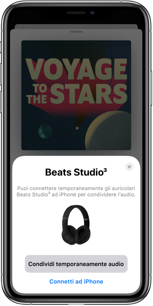 Schermo di iPhone con immagine di cuffie Beats. Nella parte inferiore dello schermo è visibile un pulsante per condividere temporaneamente l'audio.