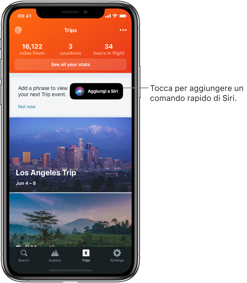 La schermata di un’app di viaggio. Il pulsante “Aggiungi a Siri” si trova a destra della scritta “Aggiungi una frase per visualizzare il tuo prossimo viaggio”.