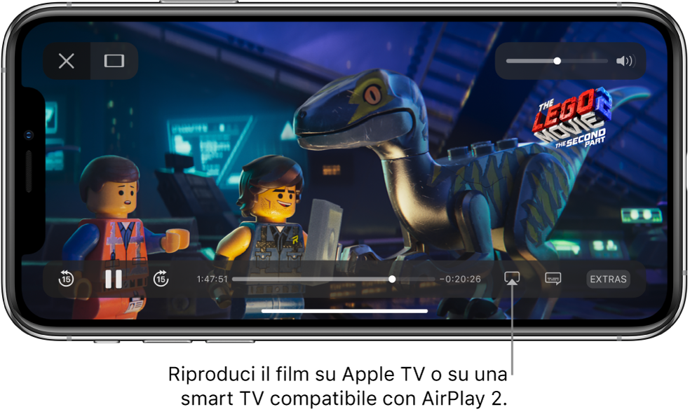 Un film in riproduzione sullo schermo di iPhone. Nella parte inferiore dello schermo sono visibili i controlli di riproduzione, tra cui il pulsante “Duplicazione schermo” sulla destra.