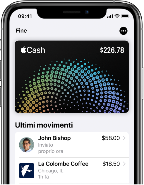 La carta Apple Cash in Wallet, con il pulsante Altro in alto a destra e le ultime transazioni sotto la carta.