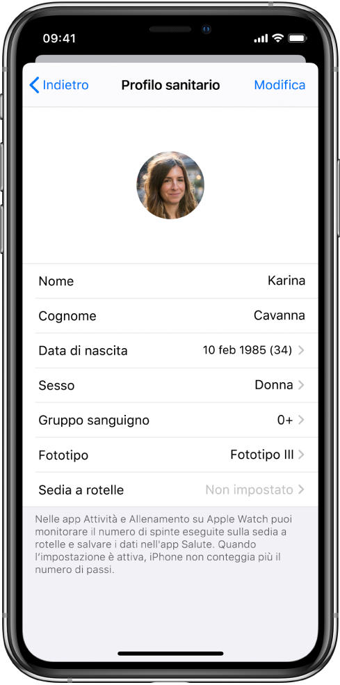 La schermata Profilo sanitario per una donna di 34 anni con sangue di tipo 0 positivo.