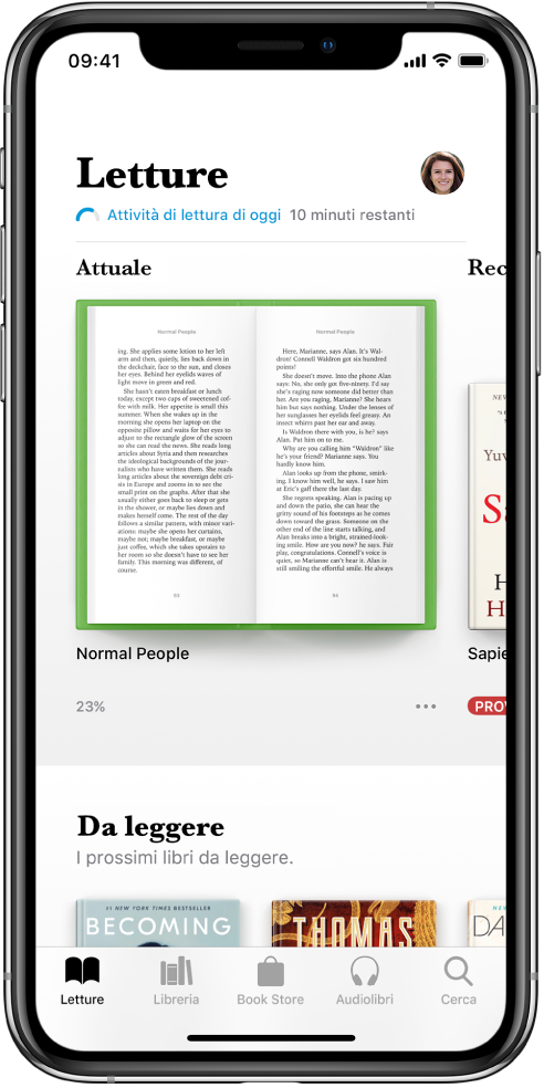 La schermata Letture nell’app Libri. Nella parte inferiore dello schermo, da sinistra a destra, sono presenti le sezioni Letture, Libreria, Book Store, Audiolibri e Cerca.