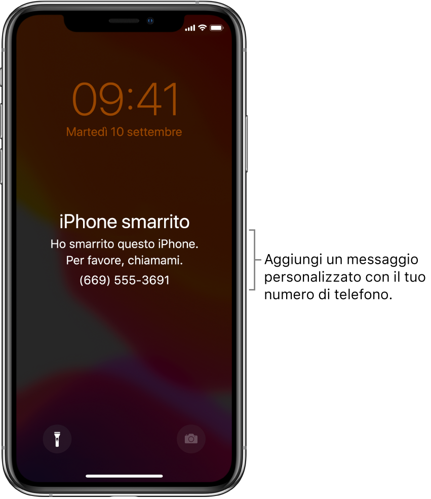 La schermata di blocco di un iPhone con il messaggio: “iPhone smarrito. Questo iPhone è stato smarrito. Chiamami. (669).” Puoi aggiungere un messaggio personalizzato insieme al numero di telefono.