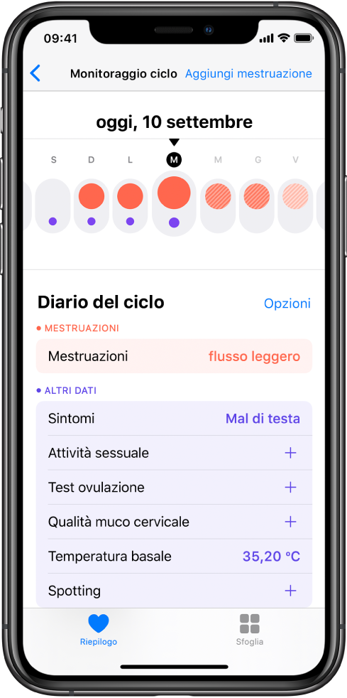 La schermata “Monitoraggio ciclo” nell’app Salute.