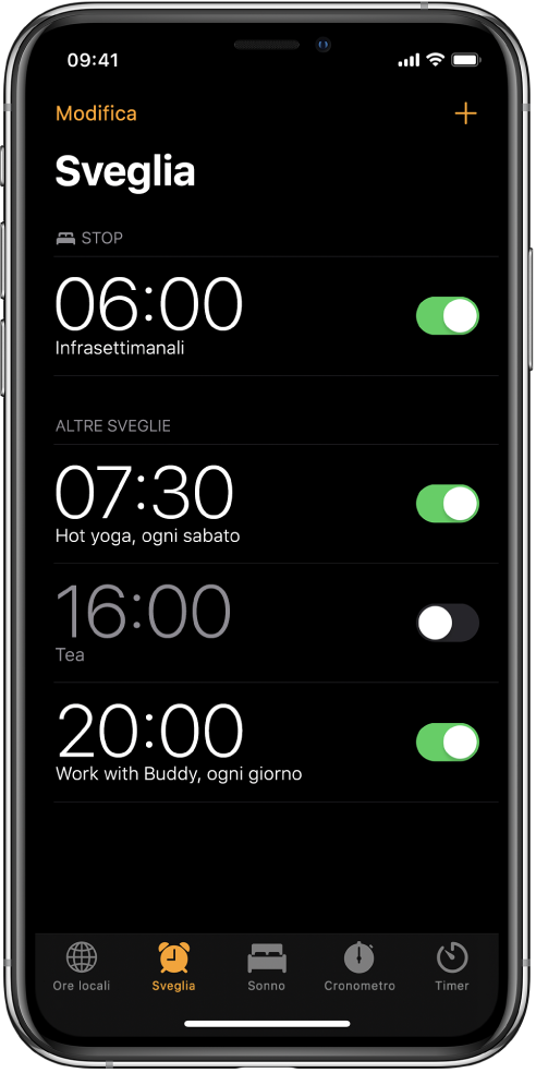 Il pannello Sveglia che mostra quattro sveglie impostate per vari orari.