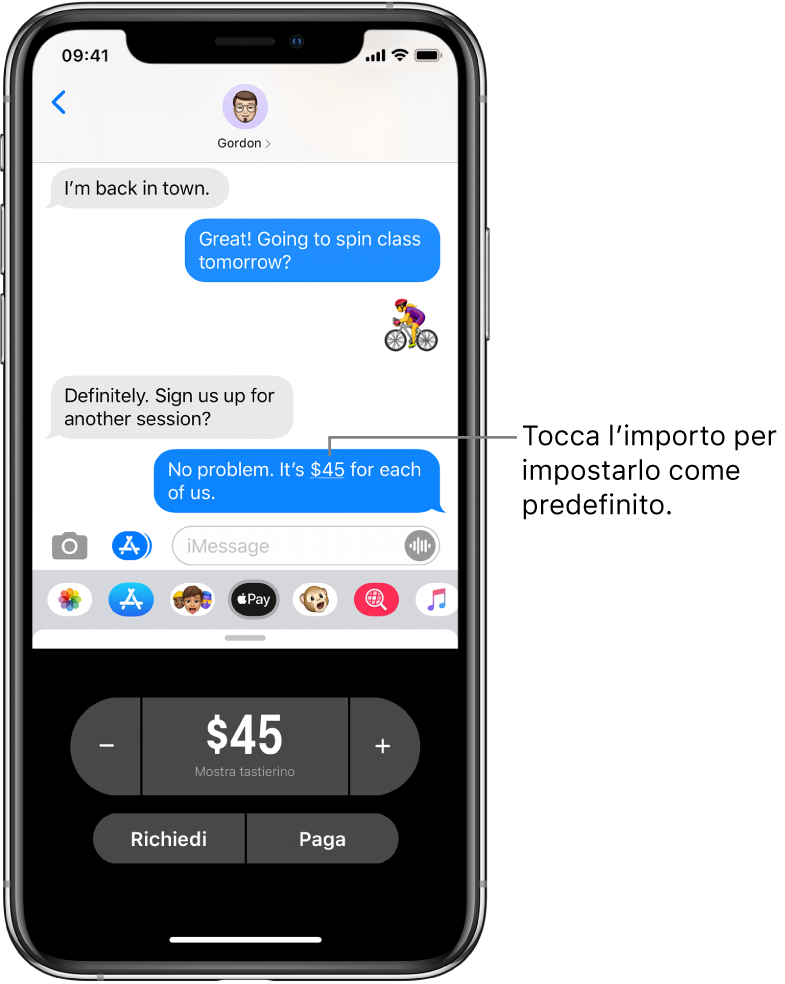 Una conversazione iMessage con l’app Apple Pay aperta in basso.