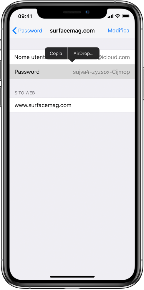 La schermata account di un sito web. La sezione password è selezionata e sopra di essa viene visualizzato un menu che contiene gli elementi Copia e AirDrop.