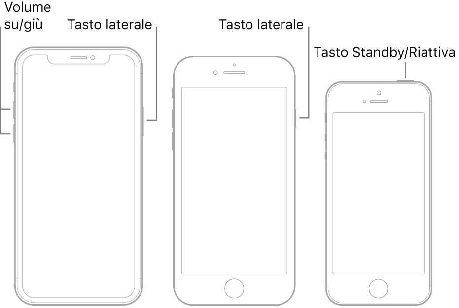 Immagini dei tre tipi di modello di iPhone, tutti con lo schermo rivolto verso l'alto. L'illustrazione sulla sinistra mostra i tasti per aumentare o ridurre il volume sul lato sinistro del dispositivo. Il tasto laterale viene mostrato sulla destra. L'illustrazione nel mezzo mostra il tasto laterale sulla destra del dispositivo. L'illustrazione sulla destra mostra il tasto Standby/Riattiva sulla parte superiore del dispositivo.