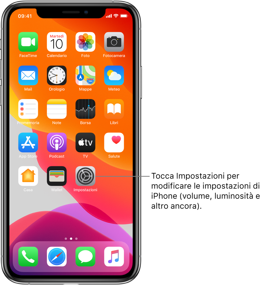 La schermata Home con varie icone, compresa quella di Impostazioni, che puoi toccare per modificare il volume, la luminosità e altro ancora su iPhone.