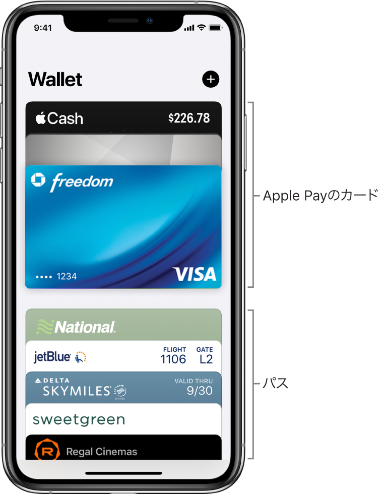 Wallet画面。複数枚のクレジットカード、デビットカード、およびパスの表面が表示されています。