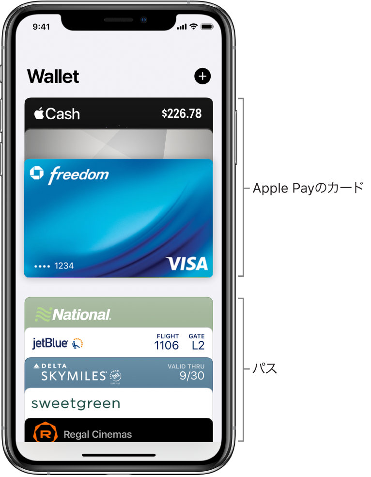Wallet画面。複数枚のクレジットカード、デビットカード、およびパスが表示されています。
