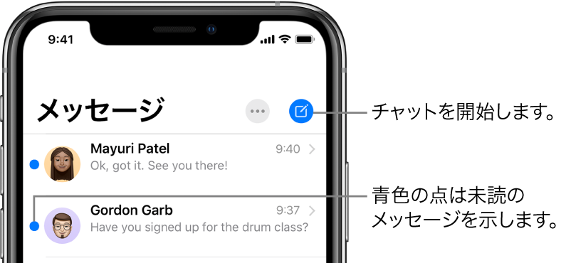 「メッセージ」リスト。左上に「編集」ボタン、右上に新規作成ボタンがあります。メッセージの左側にある青い点は未読であることを示します。