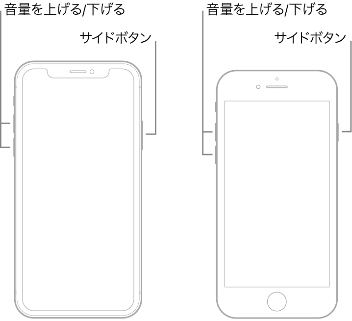 2種類のiPhoneモデルの図。画面は上を向いています。左のモデルにはホームボタンがありません。右のモデルには、下部付近にホームボタンがあります。両方のモデルで、左側に音量を上げる/音量を下げるボタン、右側にサイドボタンが表示されています。