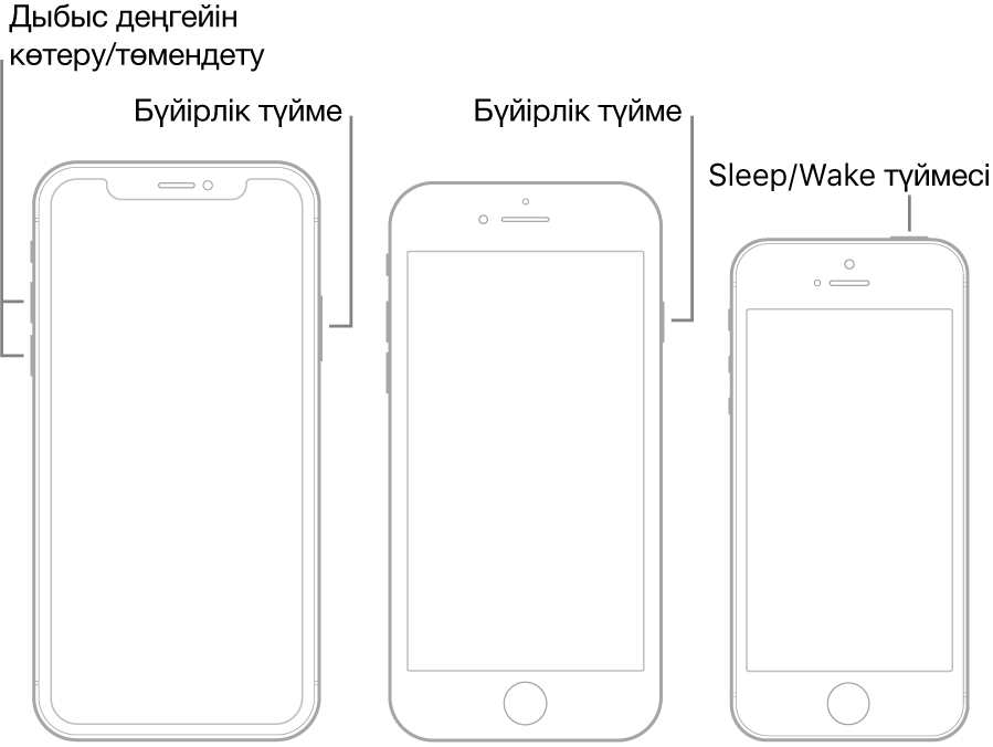 Барлығы жоғары қарап тұрған iPhone үлгілерінің үш түрінің суреті. Сол жақ шеткі сурет құрылғының сол жақ бүйіріндегі дыбыс деңгейін көтеру және дыбыс деңгейін төмендету түймелерін көрсетеді. Бүйірлік түйме оң жақта көрсетілген. Ортаңғы сурет құрылғының оң жағындағы бүйірлік түймені көрсетеді. Оң жақ шеткі сурет құрылғының жоғарғы жағындағы Sleep/Wake түймесін көрсетеді.