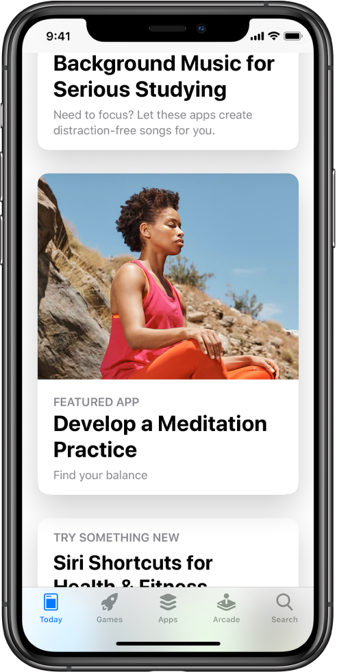 Экранның төменгі жағында Today қойындысы таңдалған App Store экраны. Экранның ортасындағы — «Develop a Meditation Practice» атты дайын қолданба.