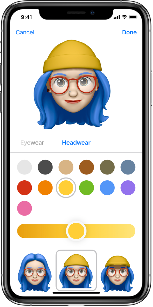 Жоғарғы жағында жасалып жатқан кейіпкерді, кейіпкердің төменгі жағында теңшеу үшін функцияларды, одан кейін оның төменгі жағында таңдалған мүмкіндік үшін параметрі көрсетіп тұрған Create Memoji экраны. Done түймесі жоғарғы оң жақта, ал Cancel түймесі жоғарғы сол жақта.