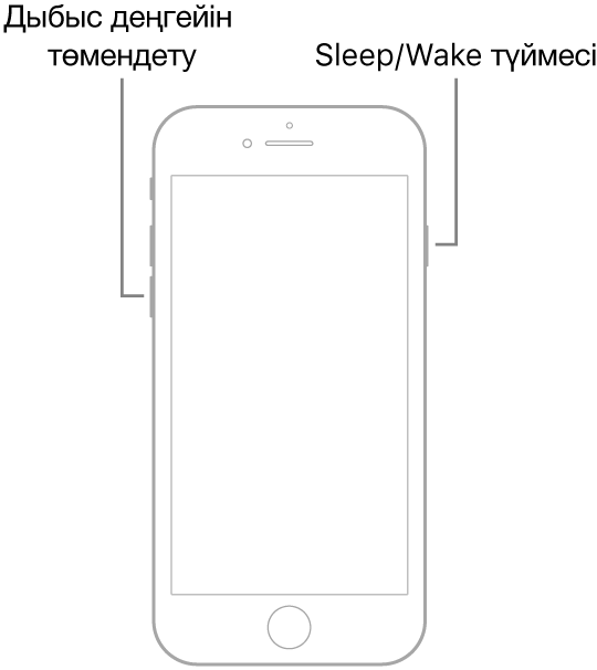 Экраны жоғары қарап тұрған iPhone 7 құрылғысының суреті. Дыбыс деңгейін төмендету түймесі құрылғының сол жақ бүйірінде көрсетіледі, ал Sleep/Wake түймесі оң жақта көрсетіледі.
