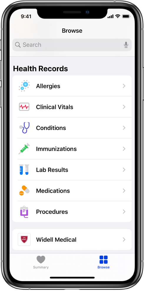 Health қолданбасындағы Health Records экраны. Экран Allergies, Clinical Vitals және Conditions санаттарын қамтитын санаттар тізімін көрсетеді. Санаттар тізімінің төменгі жағындағы — Widell Medical үшін түйме. Экранның төменгі жағында Browse түймесі таңдалған.