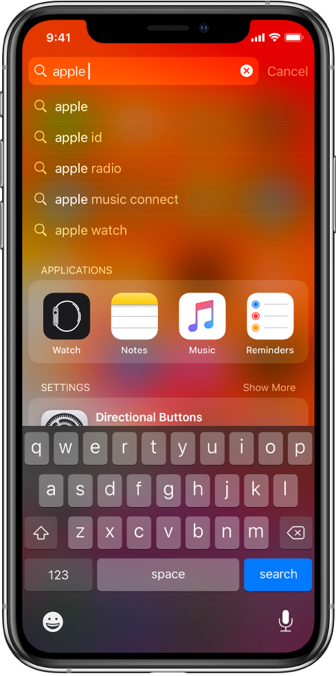 iPhone құрылғысында іздеуді көрсетіп тұрған экран. Жоғарғы жақтағы — «apple» іздеу мәтіні бар іздеу өрісі, ал оның төменгі жағындағылар — мақсатты мәтін үшін табылған іздеу нәтижелері.