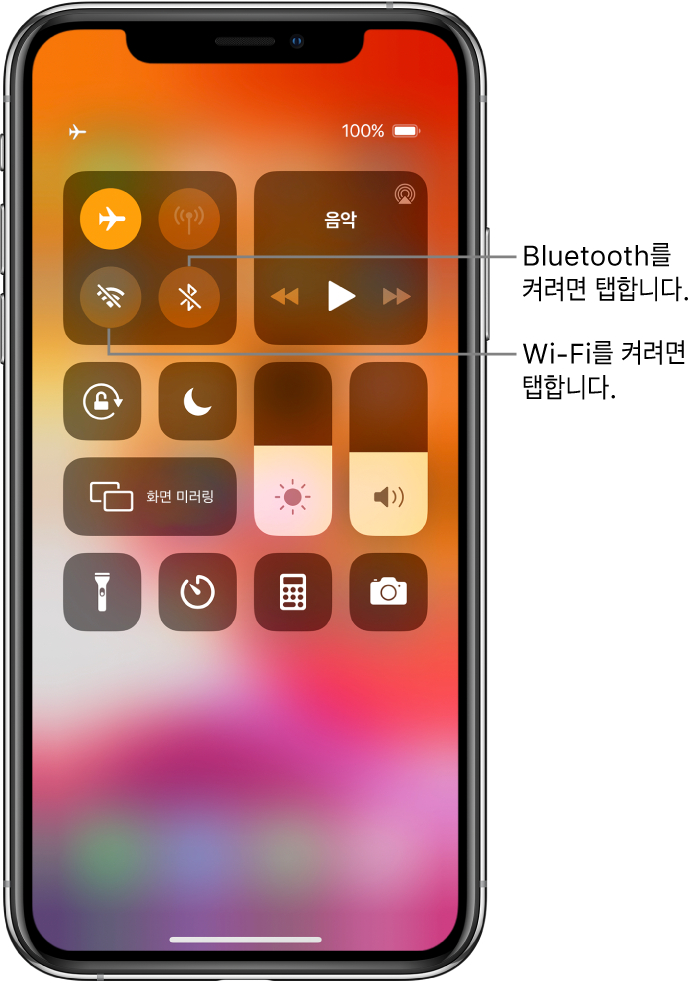 왼쪽 상단의 제어기 그룹에서 왼쪽 하단의 버튼을 탭하면 Wi-Fi가 켜지고 오른쪽 하단의 버튼을 탭하면 Bluetooth가 켜짐을 설명하는 내용이 있는 에어플레인 모드가 켜진 제어 센터.