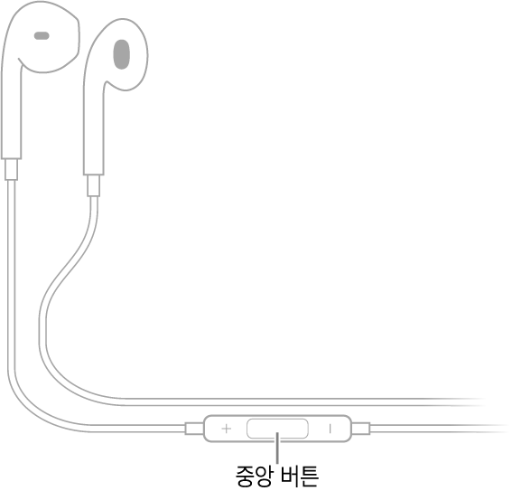 오른쪽 이어폰으로 이어지는 줄 위에 중앙 버튼이 있는 Apple EarPods