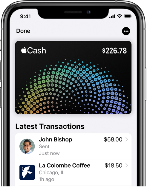„Apple Cash“ kortelė, esanti „Wallet“, kur viršuje dešinėje matomas mygtukas „More“, o po kortele – paskutinės operacijos.