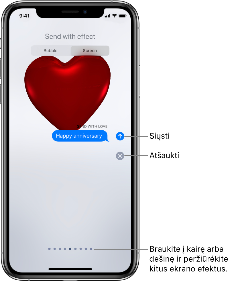 Žinutės peržiūra, kai rodomas viso ekrano efektas su raudona širdele.