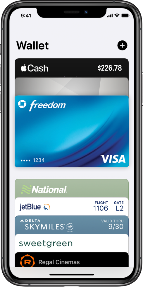 „Wallet“ ekranas. Ekrano viršuje yra trys kredito kortelės. Ekrano apačioje yra keletas oro linijų ir kelionių bilietų.