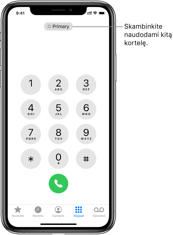 „Phone“ klaviatūra. Ekrano apačioje pateikti skirtukai (iš kairės į dešinę): „Favorites“, „Recents“, „Contacts“, „Keypad“ ir „Voicemail“.