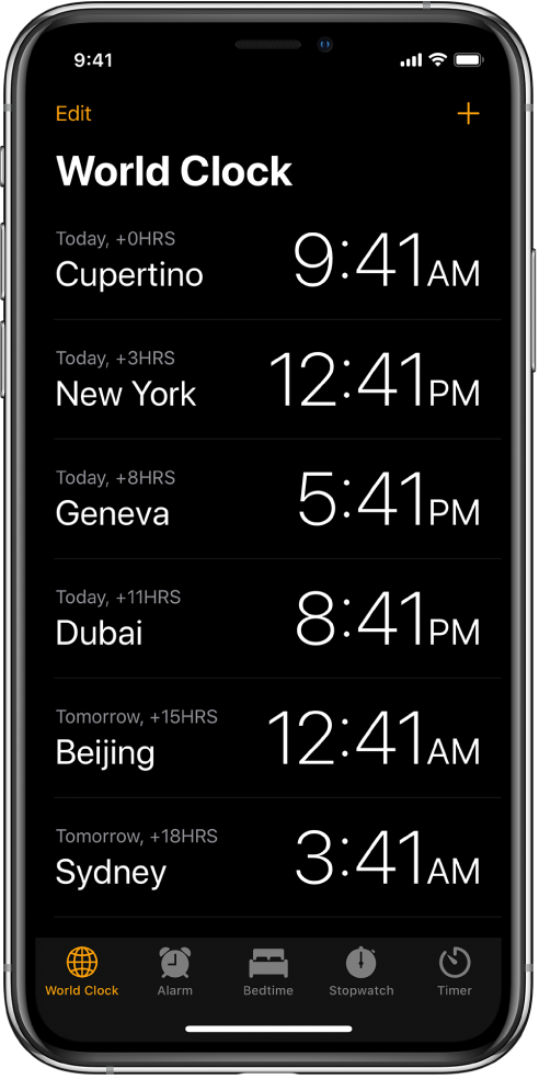 „World Clock“ skirtukas, rodantis laiką įvairiuose miestuose. Viršuje kairėje palieskite „Edit“, jei norite pakeisti laikrodžių tvarką. Viršuje dešinėje palieskite mygtuką „Add“, jei norite pridėti daugiau laikrodžių. „Alarm“, „Bedtime“, „Stopwatch“ ir „Timer“ mygtukai rodomi ekrano apačioje.